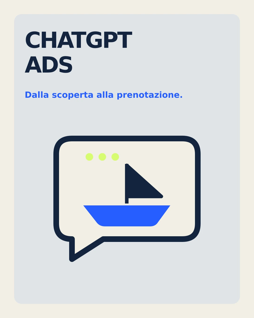 CHATGPT ADS: una barca stilizzata e un segnale pubblicitario separato dalla conversazione.