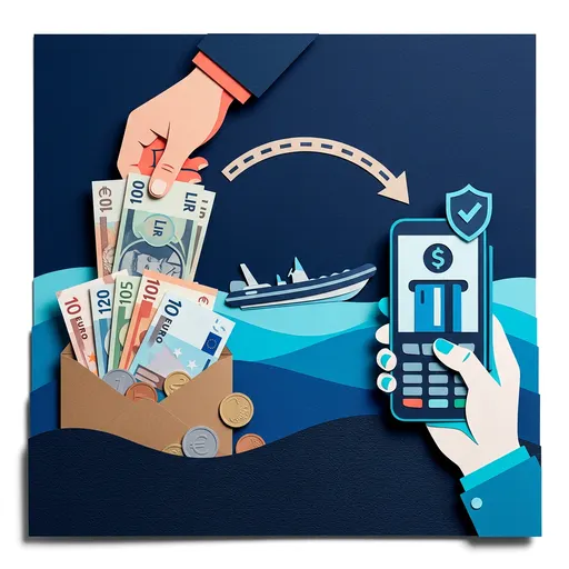 Illustrazione editoriale dedicata a: Deposito cauzionale nel noleggio gommoni: dalla busta di contanti alla pre-autorizzazione carta
