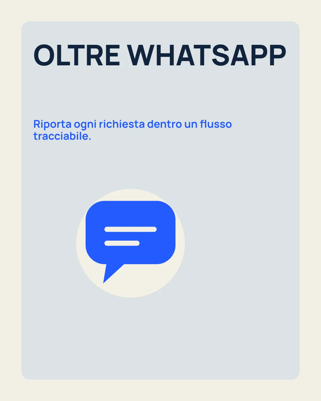 OLTRE WHATSAPP: Riporta ogni richiesta dentro un flusso tracciabile; icona fumetto.