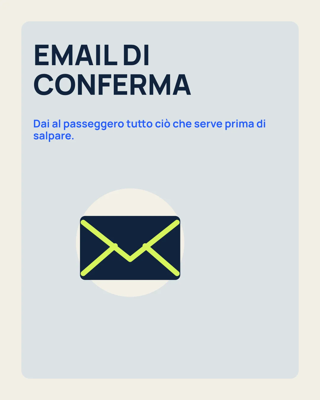 EMAIL DI CONFERMA: Dai al passeggero tutto ciò che serve prima di salpare; icona busta.