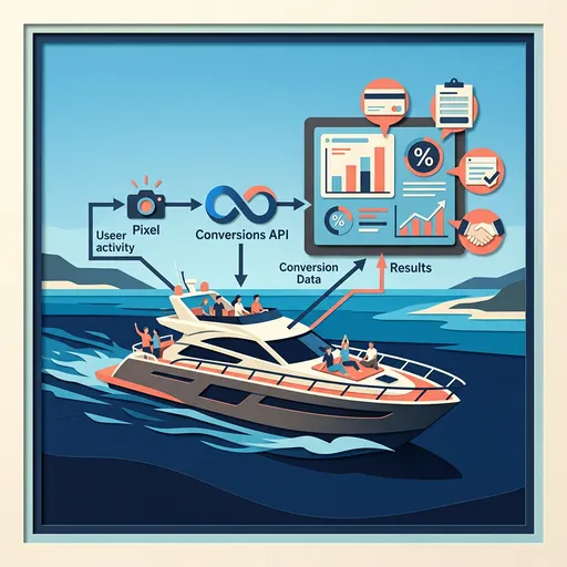 Illustrazione editoriale dedicata a: Facebook e Meta conversion tracking per le gite in barca: Pixel, Conversions API e come leggere i dati
