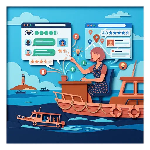 Illustrazione editoriale dedicata a: Come gestire le recensioni su TripAdvisor e Google per le gite in barca