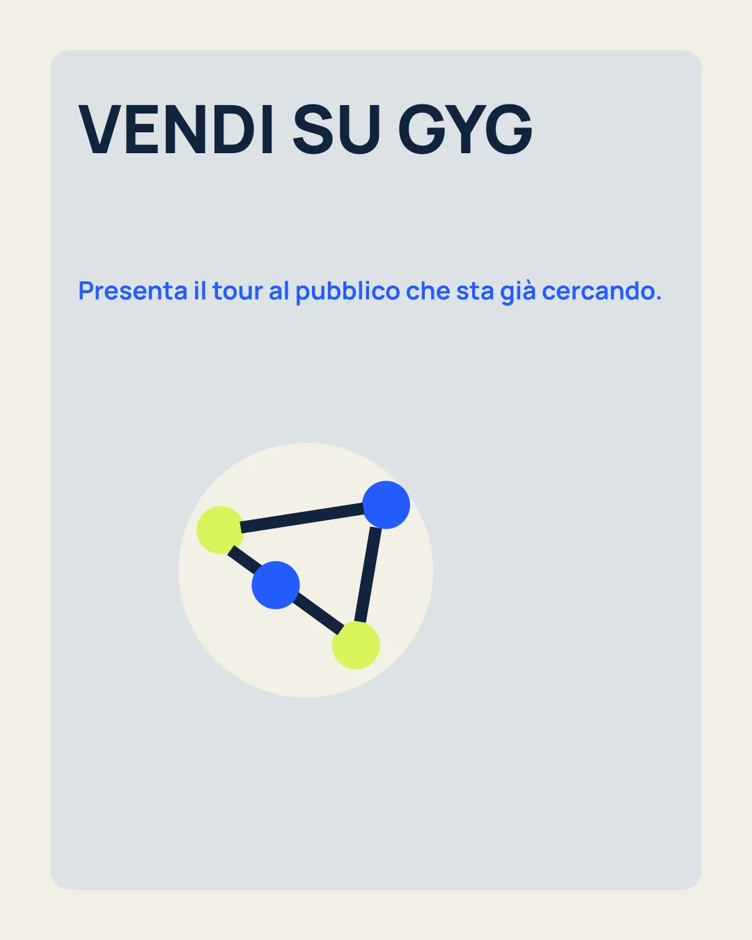 VENDI SU GYG: Presenta il tour al pubblico che sta già cercando; icona rete di canali.
