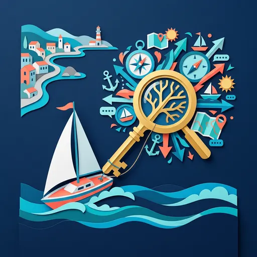 Illustrazione editoriale dedicata a: Keyword research per le gite in barca: come trovare le parole chiave che portano prenotazioni