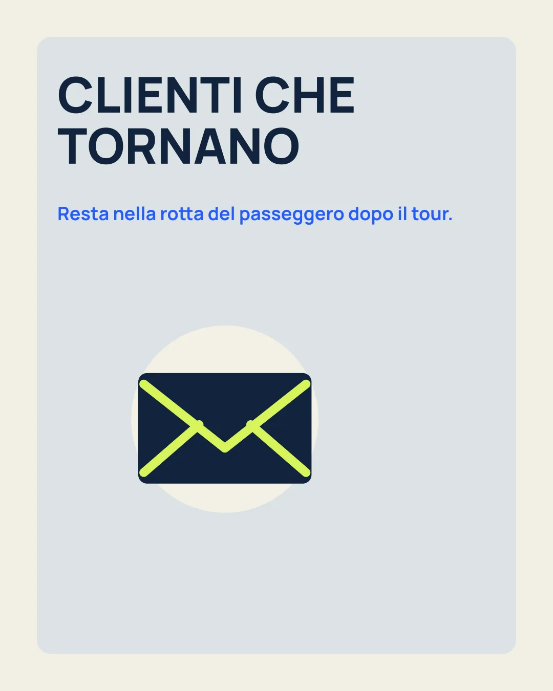 CLIENTI CHE TORNANO: Resta nella rotta del passeggero dopo il tour; icona busta.