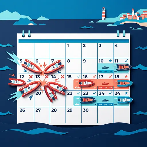Illustrazione editoriale dedicata a: Overbooking nel noleggio gommoni: come evitarlo con un calendario unico per tutta la flotta