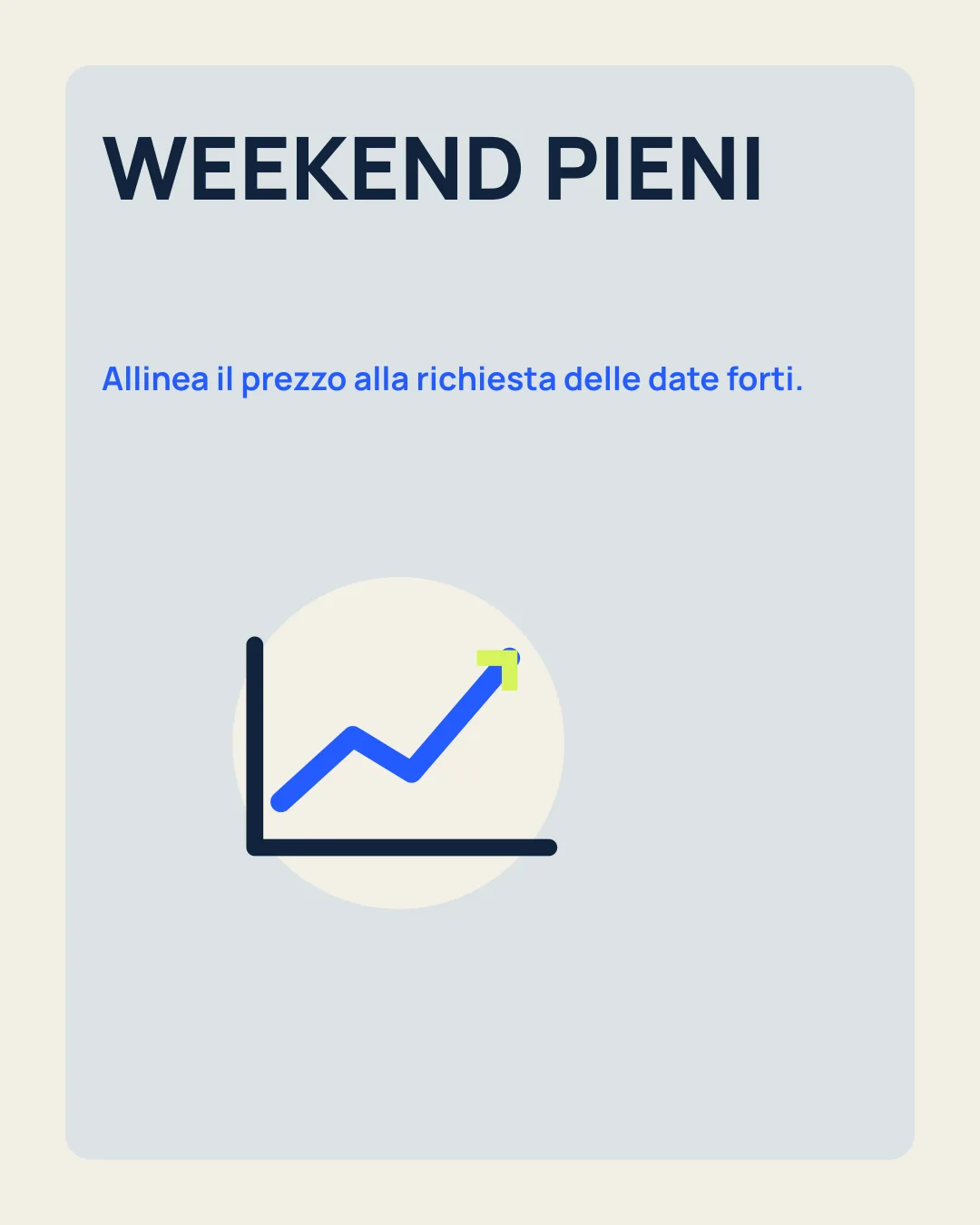 PREZZI PER DATA: Valuta tariffe e disponibilità con i dati della tua attività; icona grafico.