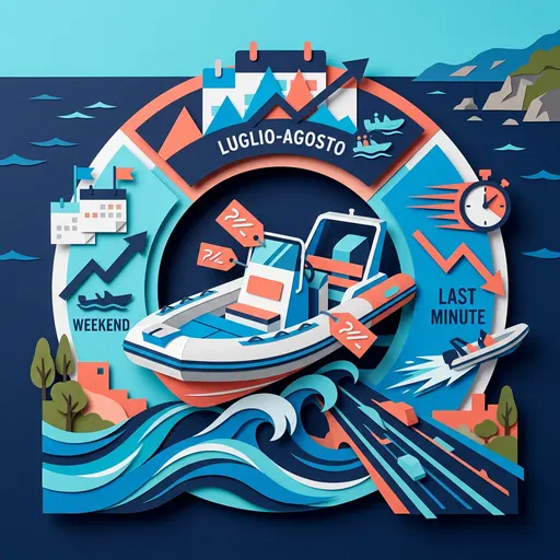 Illustrazione editoriale dedicata a: Prezzi dinamici per il noleggio gommoni: weekend, luglio-agosto e last minute