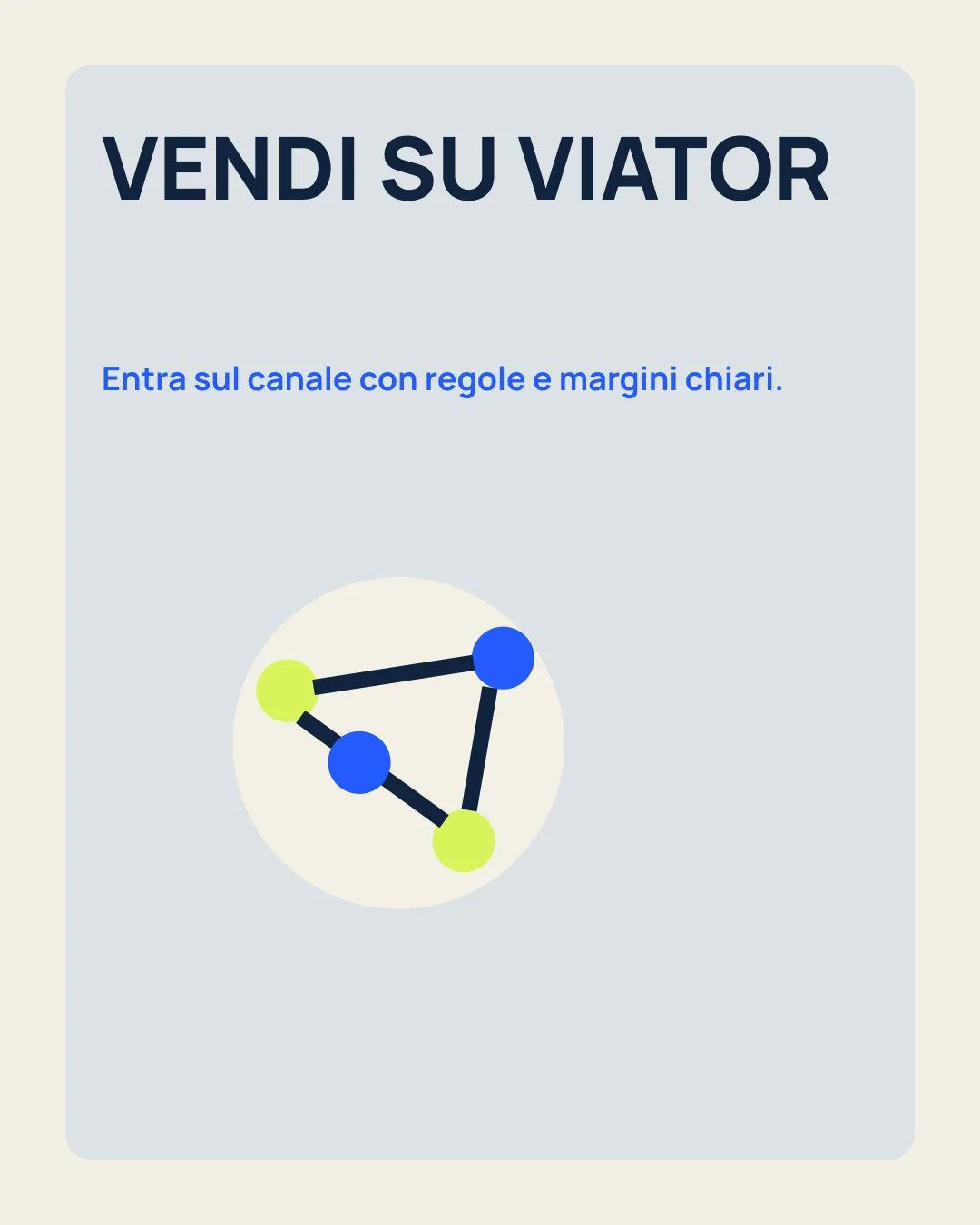 VENDI SU VIATOR: Entra sul canale con regole e margini chiari; icona rete di canali.